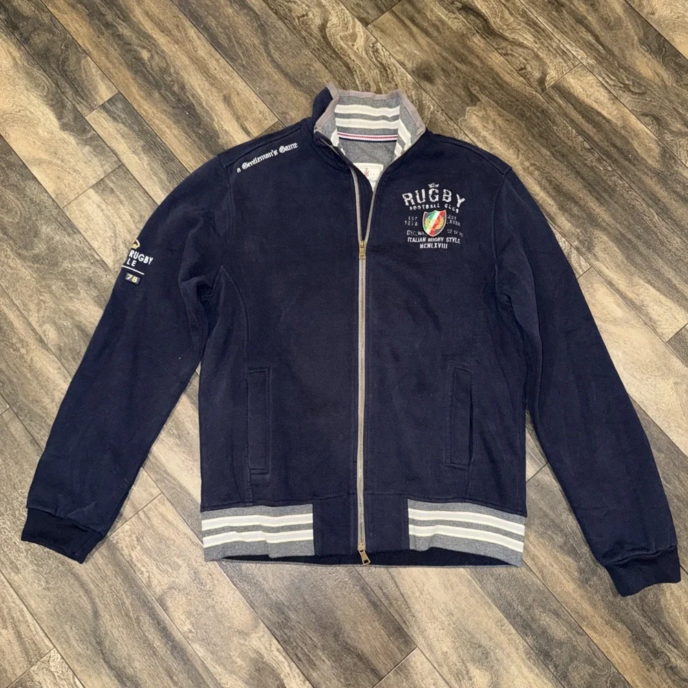 Vintage Italian Rugby Full-Zip Fleece Jacket Men's Size XL Navy Blue Football